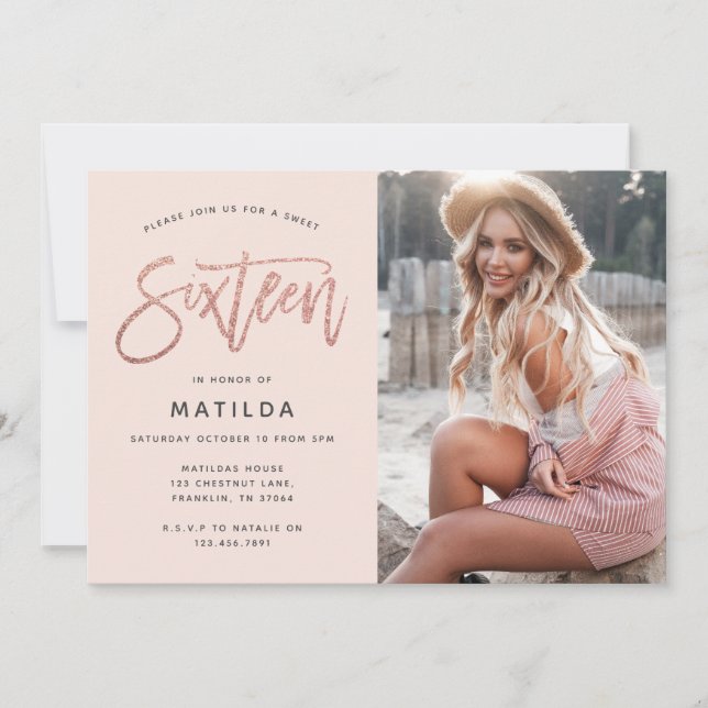 Rose gold girly glitter photo sweet 16 birthday (Front)