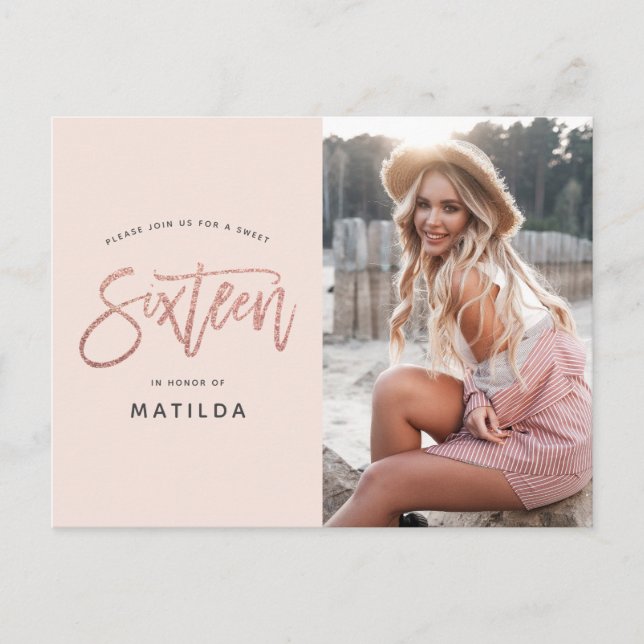 Rose gold girly glitter photo sweet 16 birthday postcard (Front)