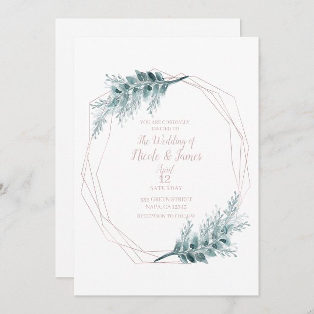 Rose Gold Glam Geometric Botanical Wedding Invitation (Front/Back)