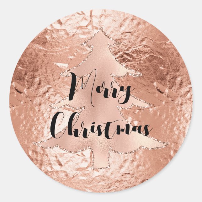 Rose Gold Glam Glitter Christmas Tree Classic Round Sticker (Front)