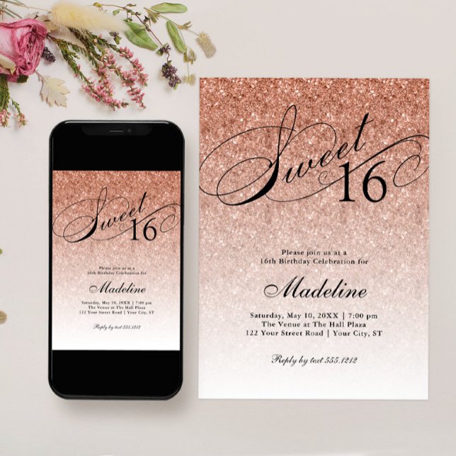 Rose Gold Glam Glitter Sweet 16 Invitation (Creator Uploaded)