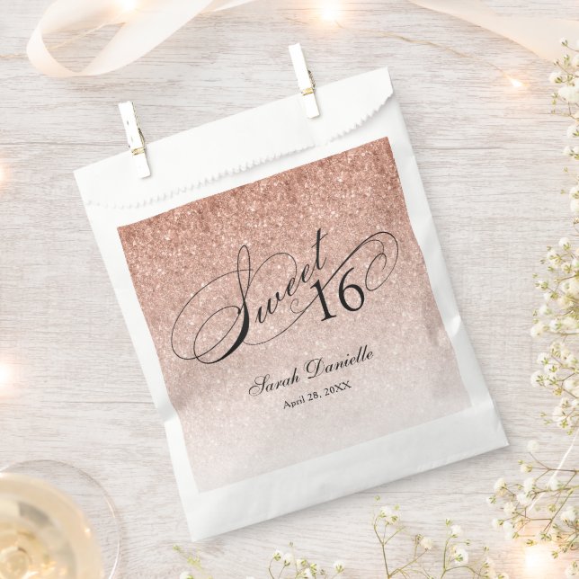 Rose Gold Glam Glitter Sweet 16 Script Custom Favour Bag (Clipped)