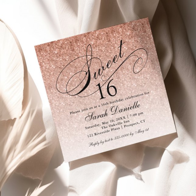 Rose Gold Glam Glitter Sweet 16 Square Invitation (Creator Uploaded)
