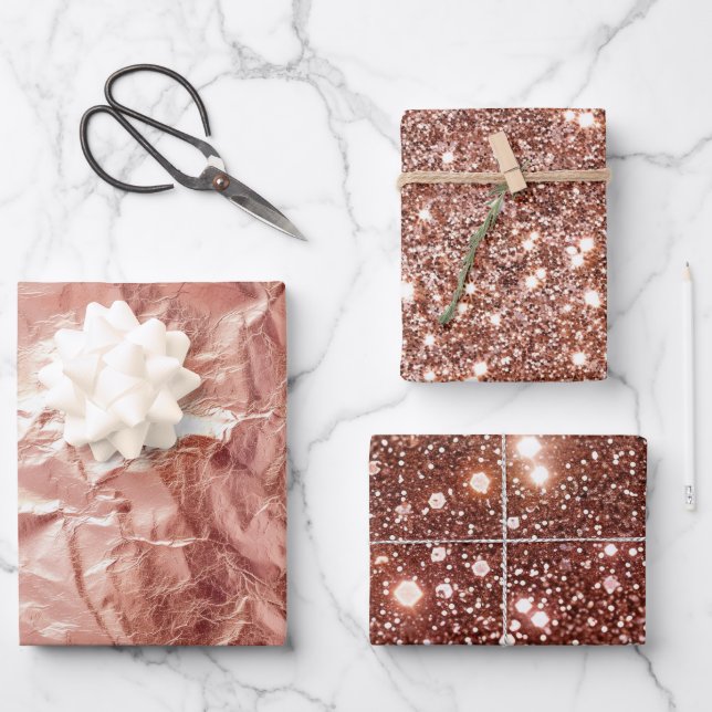 Rose Gold Glam Glitter Wrapping Paper Sheet (Front)