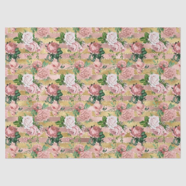 Rose Gold Glam Glitz Roses Floral Stripes      Tissue Paper (Front)