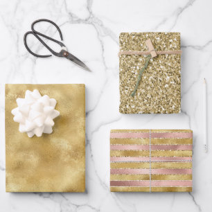 Rose Gold Glam Glitz Stripes Glitter Wrapping Paper Sheet