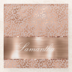 Rose Gold Glam Leopard Glass Coaster