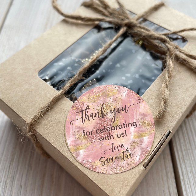 Rose Gold Glam Party Faux Glitter Thank You Favour Classic Round Sticker (Creator Uploaded)
