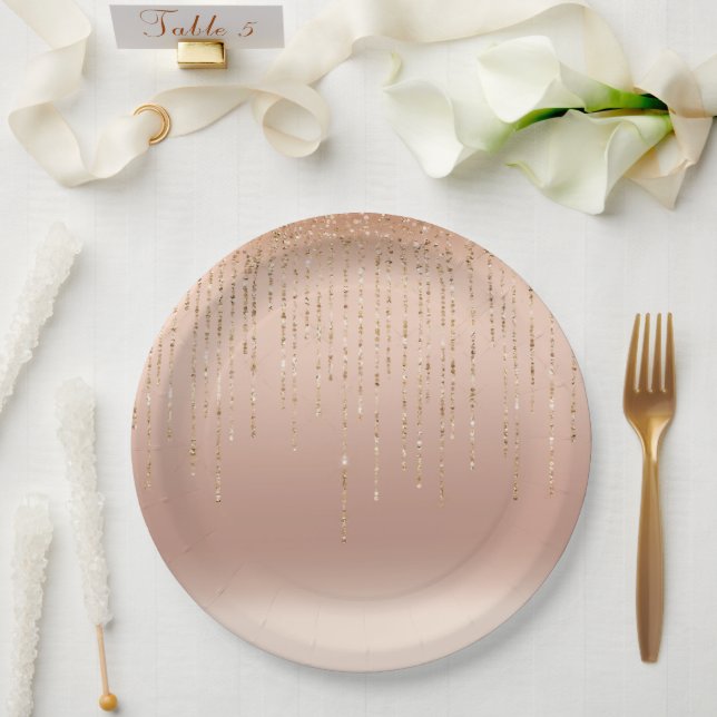 Rose Gold Glam Peach Sparkle Strings Wedding Paper Plate (Wedding)