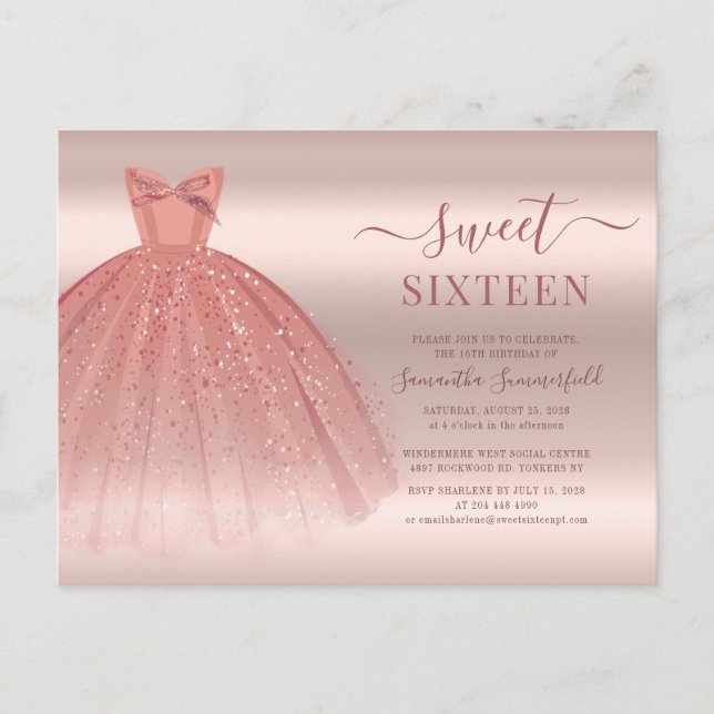 Rose Gold Glam Sweet 16 Modern Script Invitation Postcard (Front)