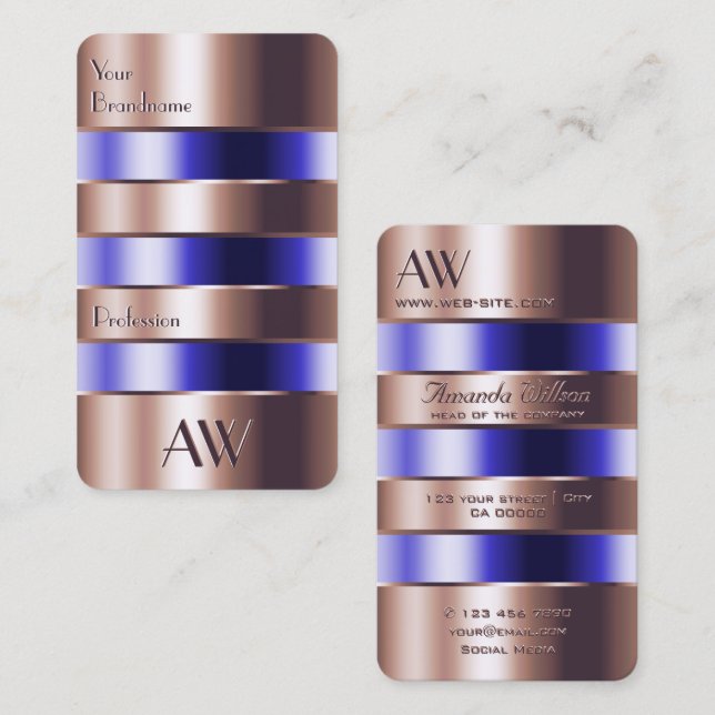 Rose Gold Glass Optics Blue Fluids Faux 3D Letters Business Card (Front/Back)