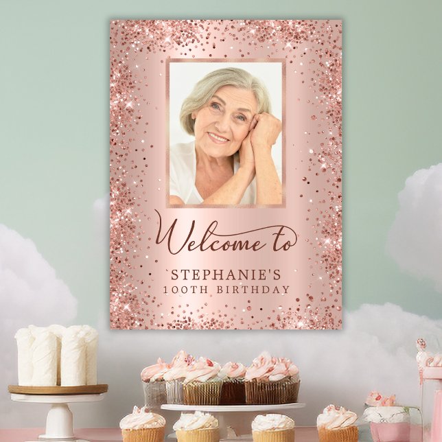 Rose Gold Glitter 100th Birthday Photo Welcome Poster (Creator Uploaded)
