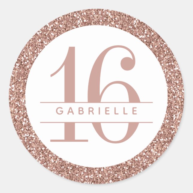 Rose Gold Glitter 16th Birthday Personalized Classic Round Sticker (Front)