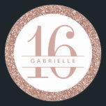 Rose Gold Glitter 16th Birthday Personalized Classic Round Sticker<br><div class="desc">Personalized 16th birthday sticker with rose gold pink circle border and custom name and age printed in the middle on white.</div>