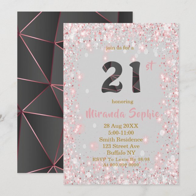 Rose Gold Glitter 21st Birthday Invitations  (Front/Back)