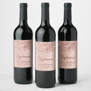 Rose Gold Glitter 21st Birthday Monogram Script Wine Label