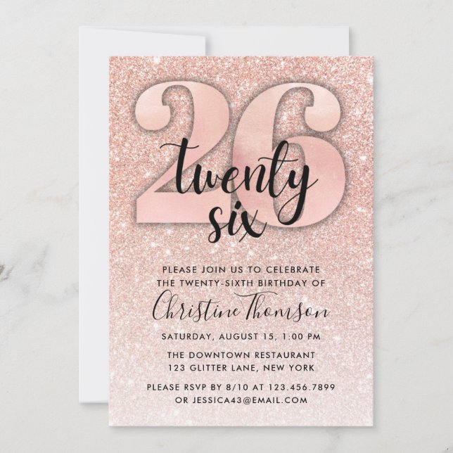 Rose Gold Glitter 26th Birthday Invitation (Front)