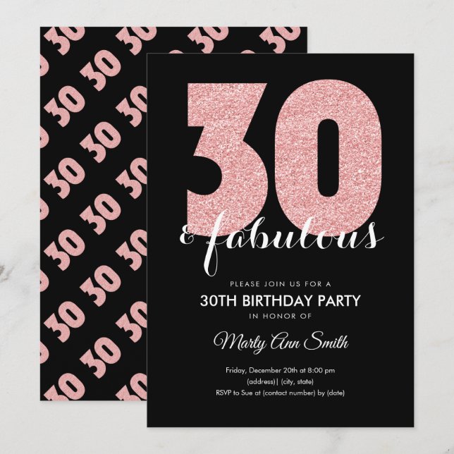 Rose Gold Glitter 30 & Fabulous Birthday Party Invitation (Front/Back)