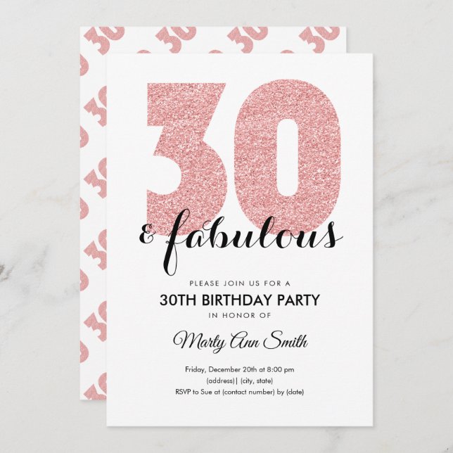 Rose Gold Glitter 30 & Fabulous Birthday Party Invitation (Front/Back)