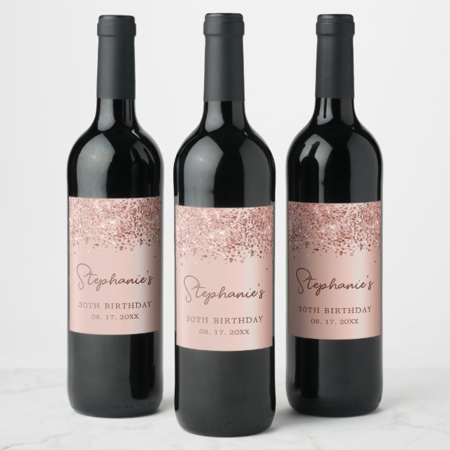 Rose Gold Glitter 30th Birthday Monogram Script Wine Label (Bottles)