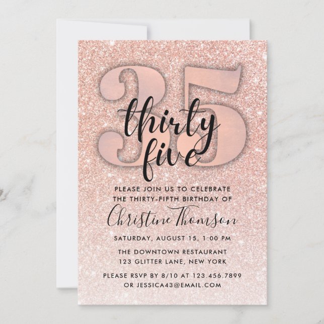 Rose Gold Glitter 35th Birthday Invitation (Front)