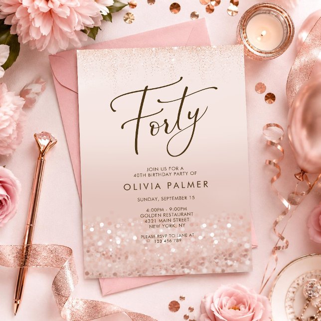 Rose Gold Glitter 40th Birthday Invitation Card (Rose Gold Glitter 40th Birthday Invitation Card)