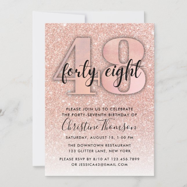 Rose Gold Glitter 48th Birthday Invitation (Front)