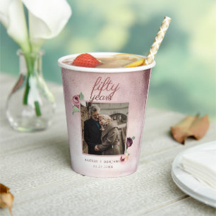 Rose Gold Glitter 50 Year Wedding Anniversary Pink Paper Cups