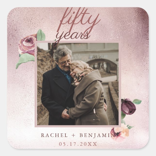 Rose Gold Glitter 50 Year Wedding Anniversary Pink Square Sticker (Front)