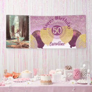 Rose Gold Glitter 50th Birthday & Balloons  Banner