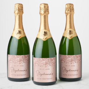 Rose Gold Glitter 50th Birthday Monogram Script Sparkling Wine Label