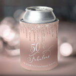 Rose Gold Glitter 50th Birthday Party Can Cooler<br><div class="desc">Elegant and chic personalized 50th birthday party can coolers featuring "50 & Fabulous" in a stylish white script against a rose gold background with rose gold faux glitter dripping from the top. Personalize with her name.</div>