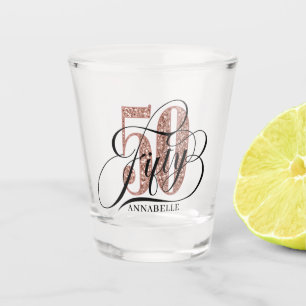 Rose Gold Glitter 50th Birthday Typography Shot Glass