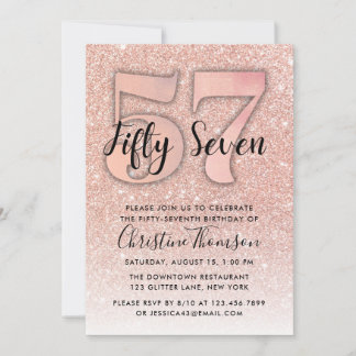 Rose Gold Glitter 57th Birthday Invitation