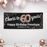 Rose Gold Glitter 60th Birthday Banner<br><div class="desc">Elegant sixtieth birthday party banner featuring a stylish black background that can be changed to any colour,  rose gold sparkly glitter,  sixty rose gold hellium balloons,  and a modern 60th birthday celebration text template that is easy to personalize.</div>