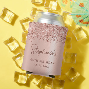 Rose Gold Glitter 60th Birthday Monogram Script Can Cooler