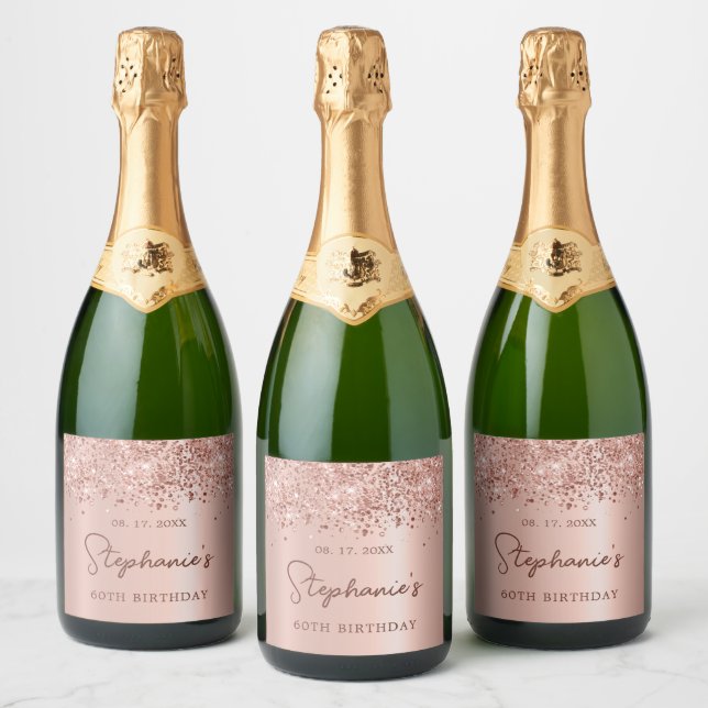 Rose Gold Glitter 60th Birthday Monogram Script Sparkling Wine Label (Bottles)