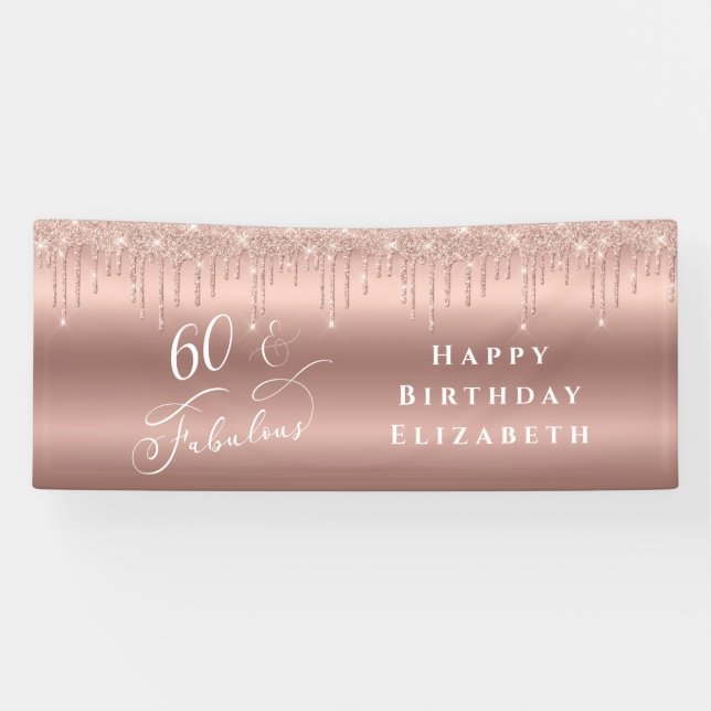 Rose Gold Glitter 60th Birthday Party Banner (Horizontal)