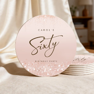 Rose Gold Glitter 60th Birthday Party Round Paper Coaster