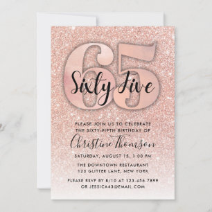 Rose Gold Glitter 65th Birthday Invitation
