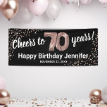Rose Gold Glitter 70th Birthday Banner<br><div class="desc">Celebrate a milestone birthday in style with our elegant seventieth birthday party banner. Boasting a customizable stylish black background, faux rose gold sparkle, and modern 70th birthday celebration text, this banner is the perfect way to make a statement. Plus, our seventy rose gold helium balloons add an extra touch of...</div>