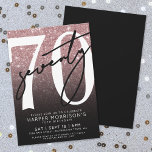 Rose Gold Glitter 70th Birthday Invitation<br><div class="desc">Pink and Black Rose Gold Glitter 70th Birthday Party Invitation. Celebrate seventy in style with this bold and chic design. The top half features a large white “70” with a sassy handwritten black script “Seventy” layered over it, standing out against a faux rose gold glitter background that fades into a...</div>