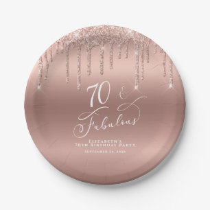 Rose Gold Glitter 70th Birthday Party Paper Plate