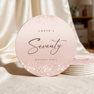 Rose Gold Glitter 70th Birthday Party Round Paper Coaster