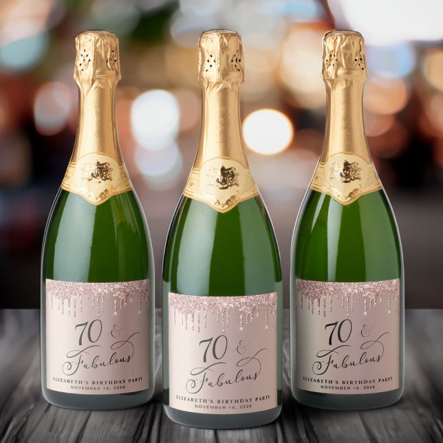 Rose Gold Glitter 70th Birthday Party  Sparkling Wine Label (Creator Uploaded)