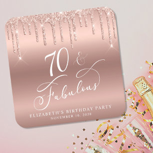 Rose Gold Glitter 70th Birthday Party Square Paper Coaster