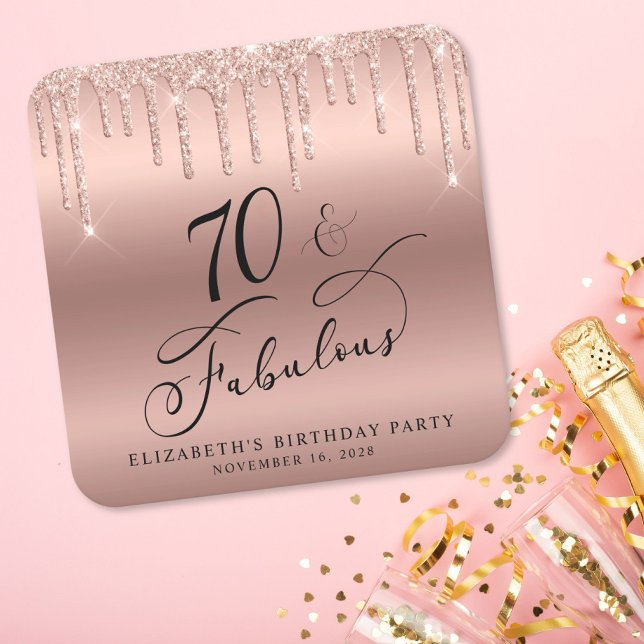 Rose Gold Glitter 70th Birthday Party Square Paper Coaster (Creator Uploaded)