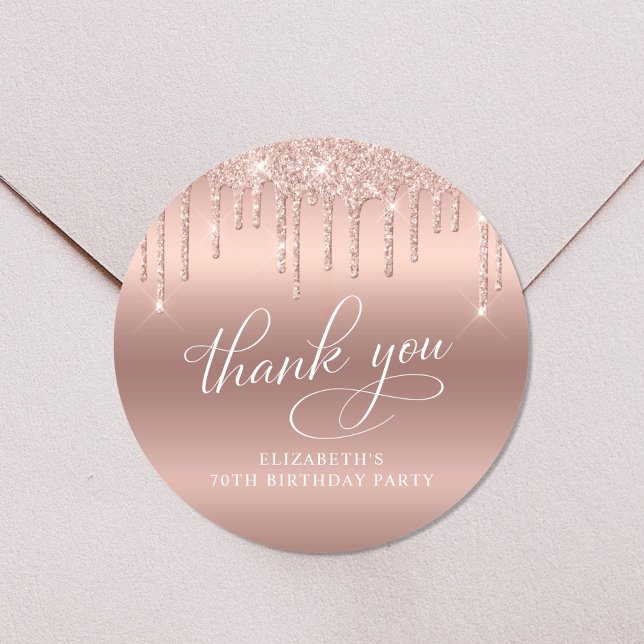 Rose Gold Glitter 70th Birthday Party Thank You Classic Round Sticker (Creator Uploaded)