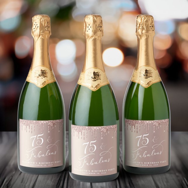 Rose Gold Glitter 75th Birthday Party Sparkling Wine Label (Creator Uploaded)