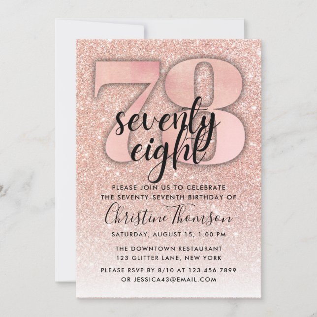 Rose Gold Glitter 78th Birthday Invitation (Front)